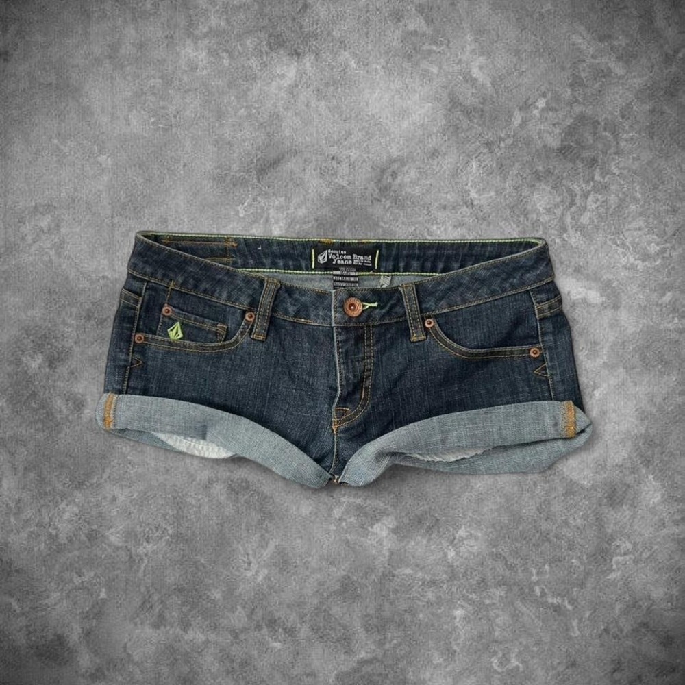 Volcom Y2K Low-Rise Vintage Dark Wash Denim Cuffed Hem Mini Shorts